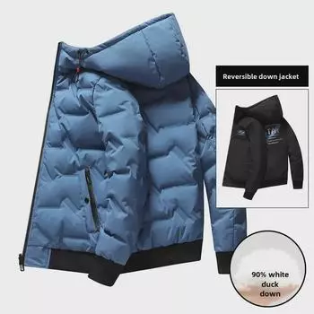 Мужская двухсторонняя куртка-пуховик с капюшоном - белый утиный пух, теплая и удобная зимняя одежда XXXL синий