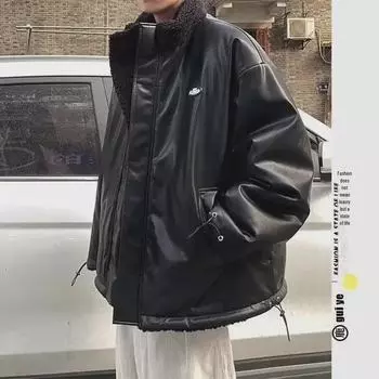 Мужская двусторонняя хлопковая куртка: Свободная овчина, утолщенная, теплая, на бархатной подкладке для осени и зимы M чёрный