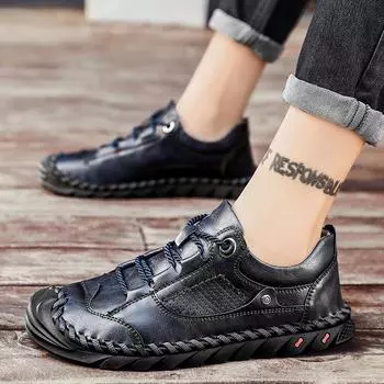 Мужская дышащая обувь из натуральной кожи, весенняя британская тенденция, ретро-мода, мягкая поверхность, мягкая подошва, ручная работа, большие размеры, повседневная кожаная обувь 38 синий