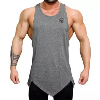 Мужская дышащая повседневная дышащая майка для бодибилдинга и фитнеса с круглым вырезом и принтом, облегающий крой с неровным подолом, летняя майка больших размеров M серый