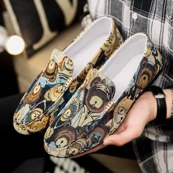 Мужская дышащая повседневная обувь, британские модные тренды, принтованные мокасины, мужские туфли со скользящими рукавами для свиданий, вождения, вечеринок 39 чёрный