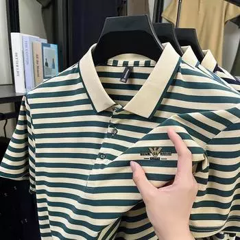 Мужская дышащая рубашка поло из шелка Mulberry, полосатая футболка в отцовском стиле, свободный топ с лацканами M