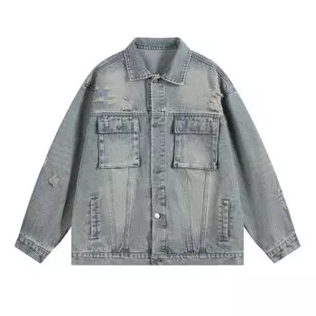 Мужская джинсовая куртка 2025 Мужские однобортные пальто с рваными дырками Мужская верхняя одежда с плетением Куртки Карманы Повседневные свободные потертые потертые куртки XL светло-синий