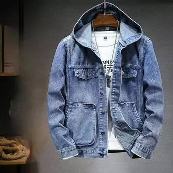 Мужская джинсовая куртка больших размеров на весну и осень, ветрозащитная куртка, джинсовая куртка с капюшоном, стираная 4XL чёрный