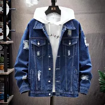 Мужская джинсовая куртка большого размера с рваными карманами и воротником-стойкой, свободная джинсовая куртка с длинными рукавами 3XL