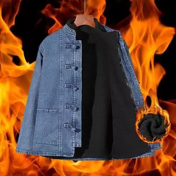 Мужская джинсовая куртка из бархата Tang Suit, мужская весенне-осенняя куртка в китайском стиле в стиле ретро с длинными рукавами Hanfu XXXL чёрный