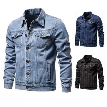 Мужская джинсовая куртка из хлопка, мужская джинсовая куртка, повседневная однотонная однобортная джинсовая куртка с лацканами, осеннее мужское пальто с длинным рукавом S темно-синий