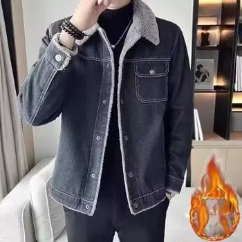 Мужская джинсовая куртка на флисовой подкладке, трендовый зимний стиль, овечий бархат, новая корейская версия 2024, приталенная, повседневная, утолщенная куртка XXXXL чёрный