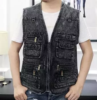 Мужская джинсовая куртка, повседневное пальто, жилет без рукавов с множеством карманов, весенне-осенний портативный свободный жилет, мужская одежда 5XL чёрный