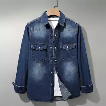 Мужская джинсовая куртка-рубашка с длинным рукавом в японском стиле — идеально подходит для весны и осени.. Свободный крой, универсальная и модная повседневная одежда. Q603, 3XL светло-синий