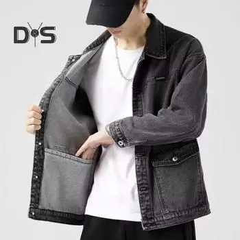 Мужская джинсовая куртка с лацканами, длинный рукав, куртка, пальто с большими карманами, весна-осень, застежка на пуговицы, верхняя одежда карго L серый