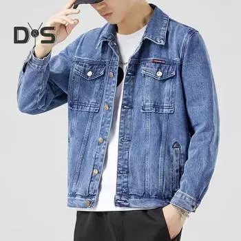 Мужская джинсовая куртка с лацканами, длинными рукавами, карманами-клапанами, однотонное пальто с застежкой на пуговицы, повседневная джинсовая верхняя одежда, повседневная одежда M синий
