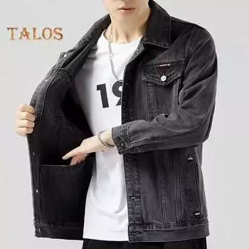 Мужская джинсовая куртка с лацканами, длинными рукавами, карманами-клапанами, однотонное пальто с застежкой на пуговицы, повседневная джинсовая верхняя одежда, повседневная одежда L синий