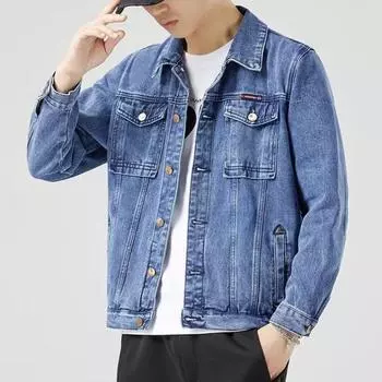 Мужская джинсовая куртка с лацканами, длинными рукавами, карманами-клапанами, однотонное пальто с застежкой на пуговицы, повседневная джинсовая верхняя одежда, повседневная одежда M серый