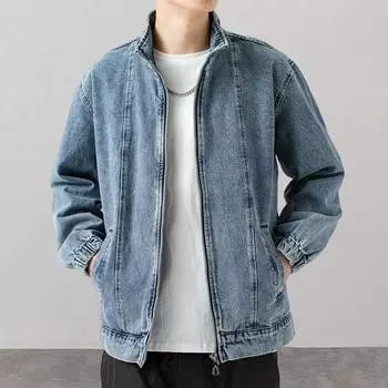 Мужская джинсовая куртка с лацканами и длинными рукавами, однотонное джинсовое пальто с карманами на молнии, свободное универсальное пальто M светло-синий