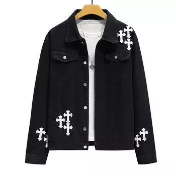 Мужская джинсовая куртка с вышивкой крестом, уличная мода, свободная джинсовая куртка 2XL синий