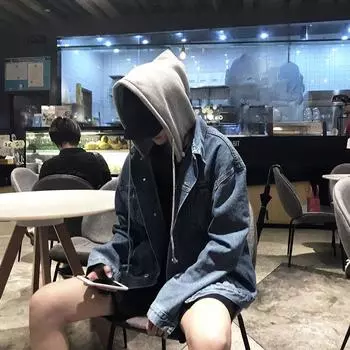 Мужская джинсовая куртка свободного кроя с капюшоном в корейском стиле: Модный, универсальный, красивый, с японским влиянием. Large