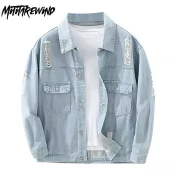 Мужская джинсовая куртка в американском ретро-стиле, весна/осень, уличная одежда, свободная рваная светло-голубая джинсовая куртка с двойными карманами, повседневная мужская одежда L светло-синий