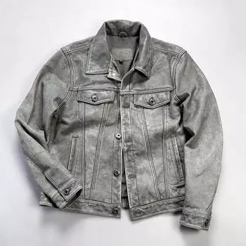 Мужская джинсовая куртка в американском стиле из желтой коровьей кожи с потертостями и множеством карманов 4XL зеленый лайм