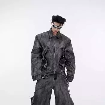 Мужская джинсовая куртка в американском стиле с потертостями и выстиранным денимом — перевернутый дизайн, свободный, повседневный, универсальный для осени и зимы 2XL светло-серый