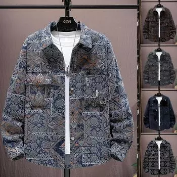 Мужская джинсовая куртка в этническом стиле на весну и осень, повседневные топы с лацканами, рабочая одежда, повседневная куртка 3XL