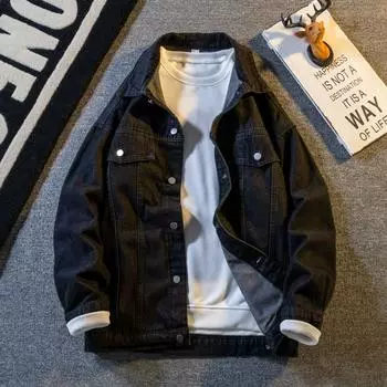 Мужская джинсовая куртка в японском стиле в стиле ретро — стиль Гонконг, свободный крой, модная повседневная рабочая одежда для весны и осени XL чёрный