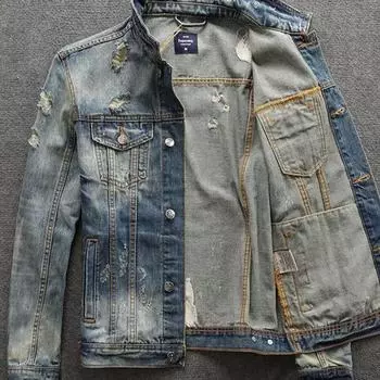 Мужская джинсовая куртка в стиле ретро: Молодежный корейский стиль Slim Fit на весну и осень 3XL светло-синий