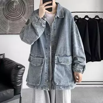 Мужская джинсовая куртка в стиле ретро с цветочным принтом кешью для весны и осени — модный корейский стиль, повседневная, универсальная рабочая одежда. Extra Large синий
