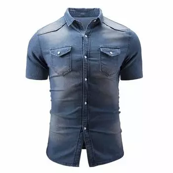 Мужская джинсовая однотонная повседневная мужская рубашка с коротким рукавом, свободная рубашка-джокер M синий