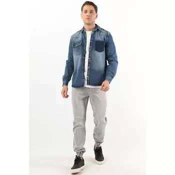 Мужская джинсовая рубашка с карманами темно-синяя