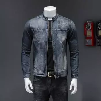 Мужская джинсовая рубашка с воротником-стойкой на весну и осень, индивидуальная повседневная молния, европейская и американская одежда, джинсовая рубашка из стираной ткани 5XL