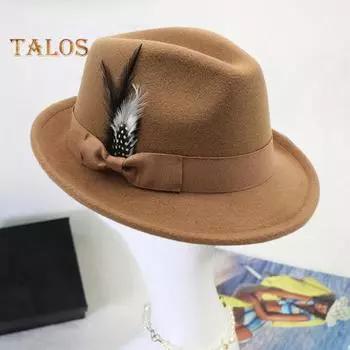 Мужская фетровая шляпа с перьями и бантом, винтажная фетровая шляпа с короткими полями, однотонная женская панама 1920-х годов, мягкая шляпа для повседневного ношения кофейный