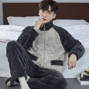 Мужская фланелевая пижама из 2 предметов, осенне-зимний утепленный теплый пижамный костюм для дома, мягкий ночной костюм, пижама, домашний костюм XXXL темно-серого