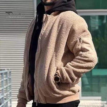 Мужская флисовая куртка с длинным рукавом, повседневное пальто на молнии с карманами, однотонная верхняя одежда на осень-зиму M серый