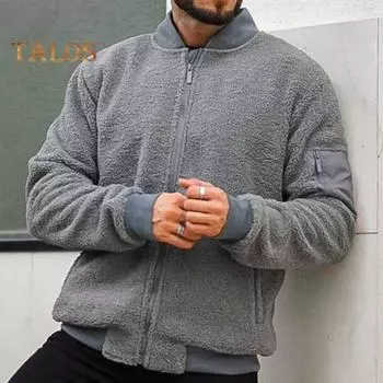 Мужская флисовая куртка с длинным рукавом, повседневное пальто на молнии с карманами, однотонная верхняя одежда на осень-зиму M серый