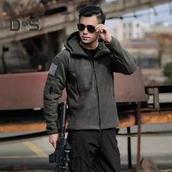 Мужская флисовая куртка с капюшоном, термоветровка, застегивающаяся на молнию, осенне-зимние плюшевые пальто с карманами для сафари, походов, рабочей одежды M чёрный