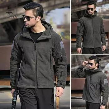 Мужская флисовая куртка с капюшоном, термоветровка, застегивающаяся на молнию, осенне-зимние плюшевые пальто с карманами для сафари, походов, рабочей одежды L чёрный