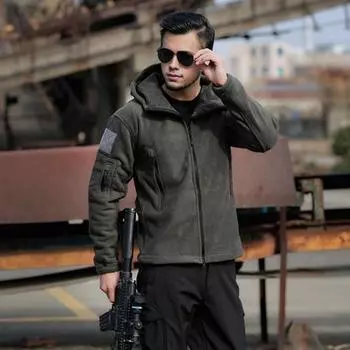 Мужская флисовая куртка с капюшоном, термоветровка, застегивающаяся на молнию, осенне-зимние плюшевые пальто с карманами для сафари, походов, рабочей одежды L чёрный