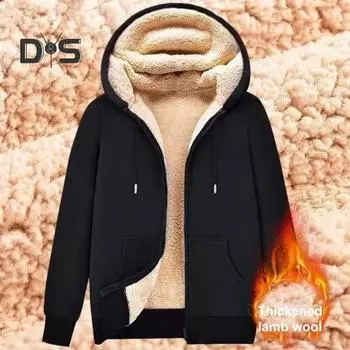 Мужская флисовая куртка с капюшоном, зимняя, утолщенная, застежка-молния, теплая, повседневная, однотонная толстовка с капюшоном на молнии, пальто для осени и зимы XL чёрный