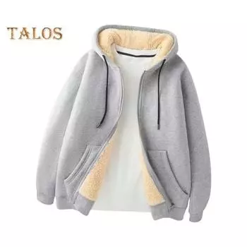 Мужская флисовая куртка с капюшоном, зимняя, утолщенная, застежка-молния, теплая, повседневная, однотонная толстовка с капюшоном на молнии, пальто для осени и зимы M серый