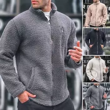 Мужская флисовая куртка с воротником-стойкой, длинным рукавом, на молнии, с карманами, однотонная, свободного кроя, зимняя верхняя одежда M серый