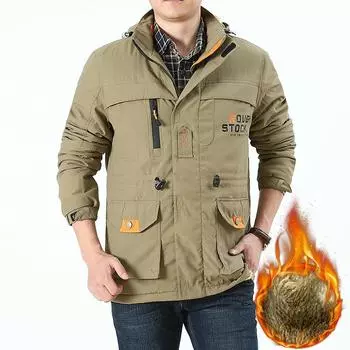 Мужская флисовая куртка средней длины со съемным капюшоном и множеством карманов, зимняя утепленная куртка M