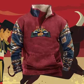 Мужская флисовая куртка в стиле вестерн, ковбойский свитер с принтом головы быка, застежка-молния на 1/4, воротник-стойка, длинный рукав, толстовки в деревенском стиле, пальто-пуловеры S красный