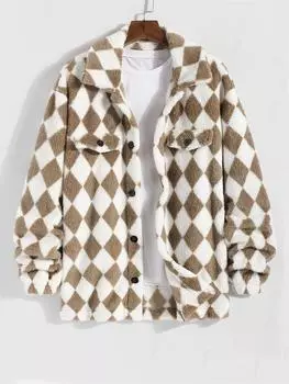 Мужская флисовая куртка ZAFUL с цветными блоками и узором «ромбы» на пуговицах спереди из пушистого флиса S кофейный