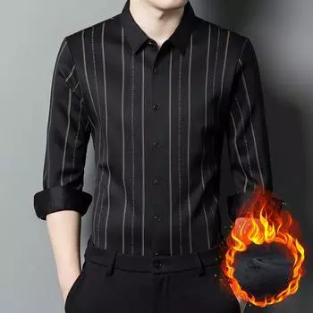 Мужская флисовая рубашка, бесшовная, с длинными рукавами, модная повседневная полосатая эластичная рубашка среднего возраста, утепленная теплая дюймовая рубашка M