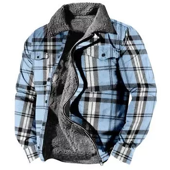 Мужская флисовая утолщенная куртка с клетчатым принтом в стиле ретро, мужская повседневная модная теплая куртка L синий