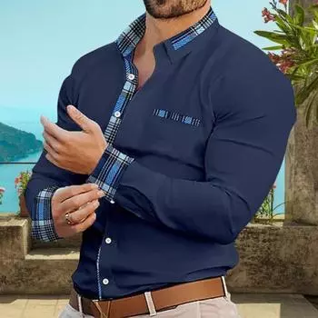 Мужская формальная рубашка, свободный кардиган с принтом Pald в стиле пэчворк на пуговицах, деловая офисная рубашка XL синий