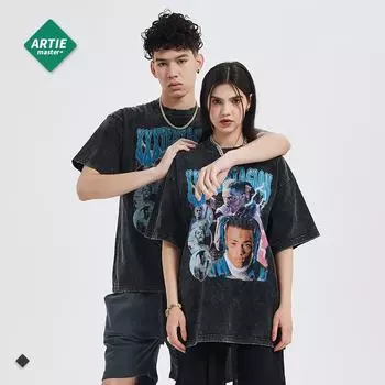 Мужская футболка ARTIE 2022 года в стиле хип-хоп с принтом и потертостями (250г) - Модная одежда с коротким рукавом для Европы и Америки. M