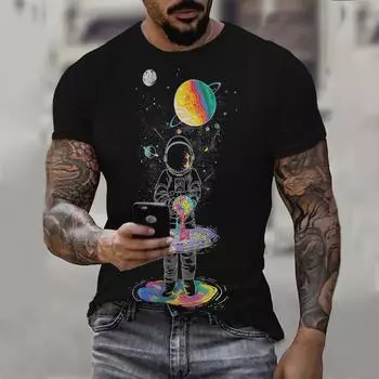Мужская футболка «Астронавт с тающим мороженым» — футболка с рисунком на галактическую космическую тематику, яркие планеты и звезды, повседневная футболка с короткими рукавами S