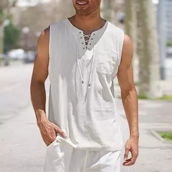 Мужская футболка без рукавов со шнуровкой, V-образным вырезом, свободная блузка с нагрудным карманом, однотонный повседневный летний топ для повседневной носки, походов в спортзал и путешествий XL